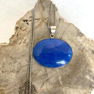 Sterling Silver 925 Oval Southwest Blue Cabochon Pendant Necklace 21" Box Chain